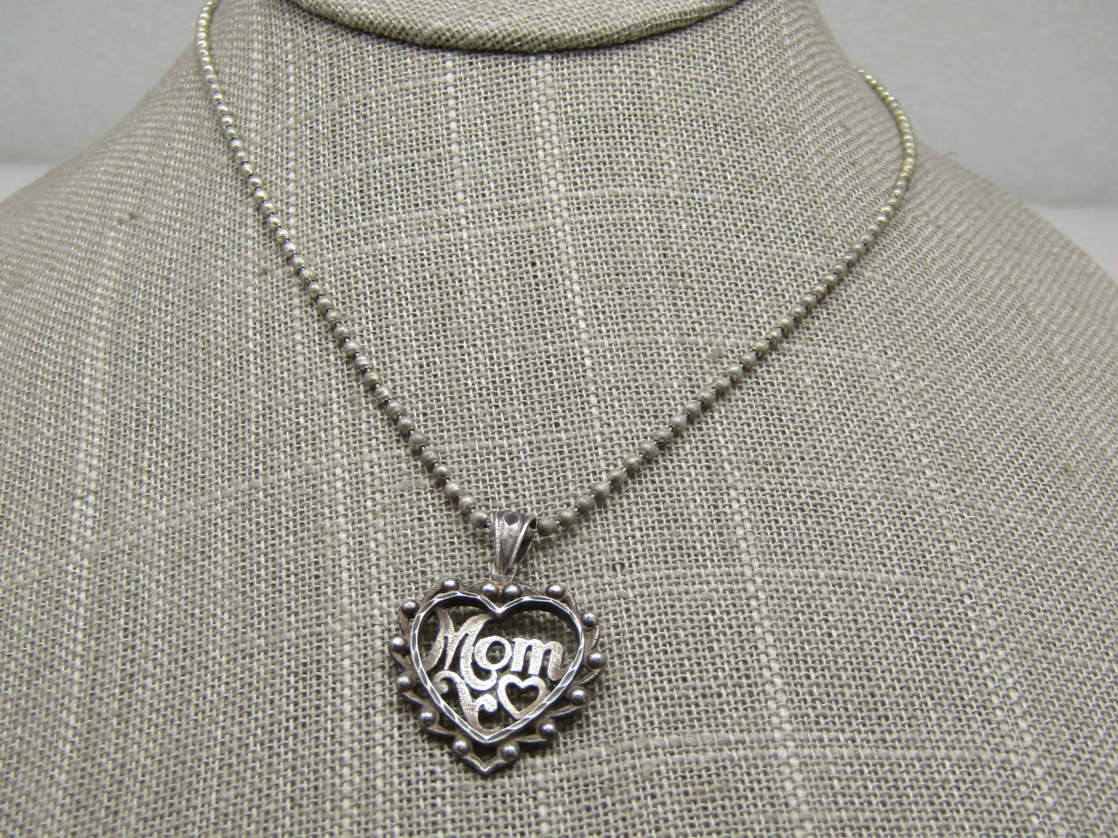 Vintage Sterling Mom Heart Necklace, 18",: Vintage Sterling Mom Heart Necklace, 18", The Mom Heart Pendant is sterling, the 18" ball chain is marked sterling but is not. The pendat is signed with a heart and possibly OR inside of it. Pendant i