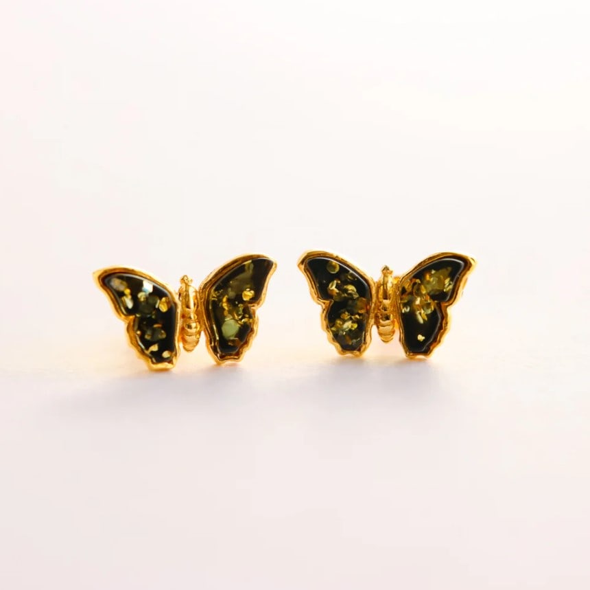 Gold Butterfly Green Amber Earrings- 14k Gold Plated s925: Title:Gold Butterfly Green Amber Earrings- 14k Gold Plated s925 Description:These amber earrings feature vibrant Baltic green amber set in graceful butterfly silhouettes, creating a fresh take on natu