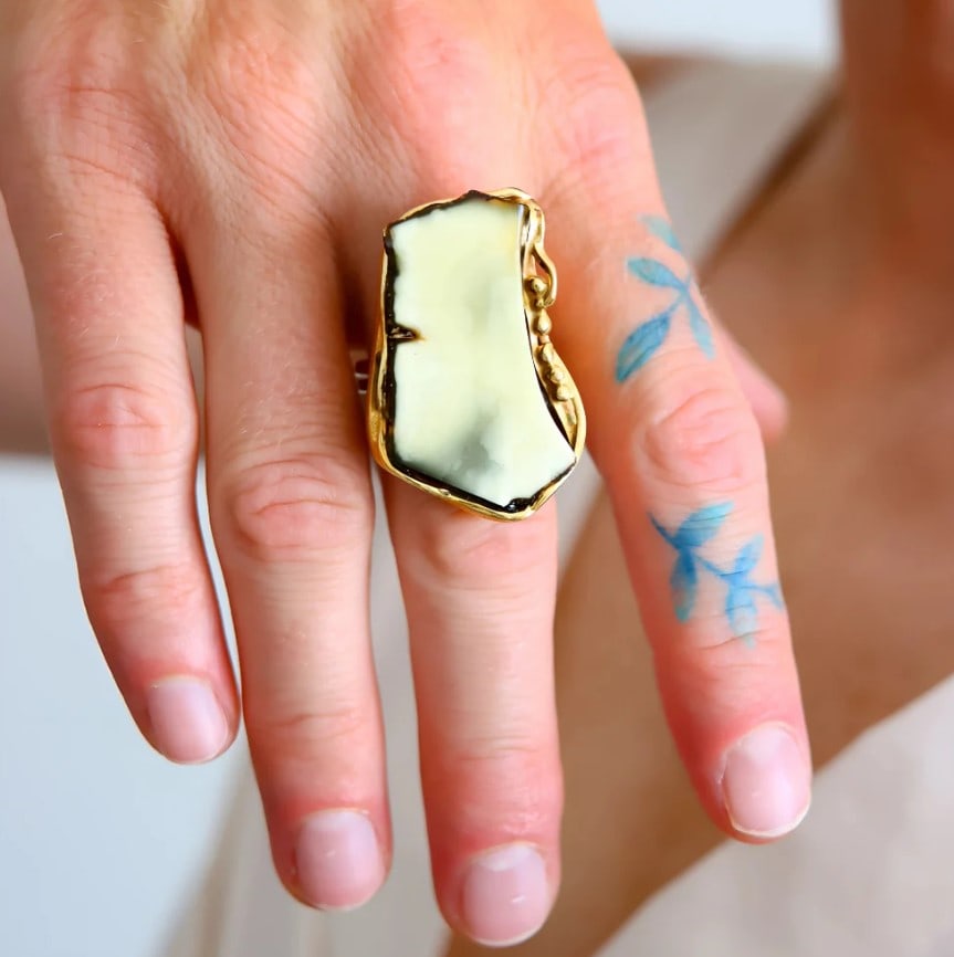 Baltic Amber Statement Ring – White & Black Amber in 14k Gold Plated Sterling Silver: Title:Baltic Amber Statement Ring – White & Black Amber in 14k Gold Plated Sterling Silver Description:Baltic Amber Statement Ring – White & Black Amber in 14k Gold Plated Sterling SilverM