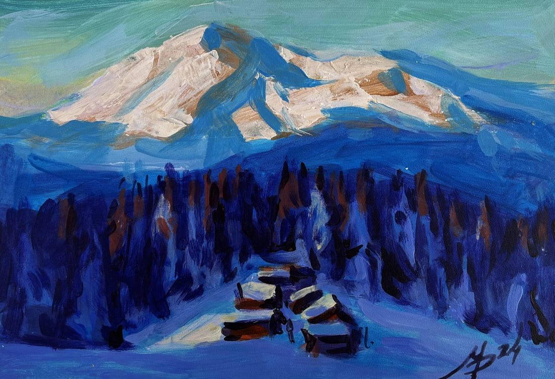Acrylic painting Frosty evening in the mountains Mykhailo Patskan: Title: Acrylic painting Frosty evening in the mountains Mykhailo Patskan Description: №AAA4827The acrylic painting on cardboard titled "Frosty Evening in the Mountains" captures the serene and a
