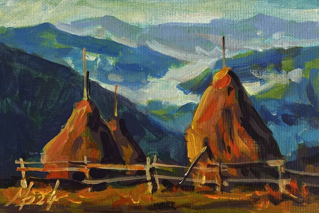 Acrylic painting Village life in the mountains Mykhailo Patskan: Title: Acrylic painting Village life in the mountains Mykhailo Patskan Description: №AAA4864The acrylic painting on cardboard titled "Village Life in the Mountains" captures the tranquil yet res
