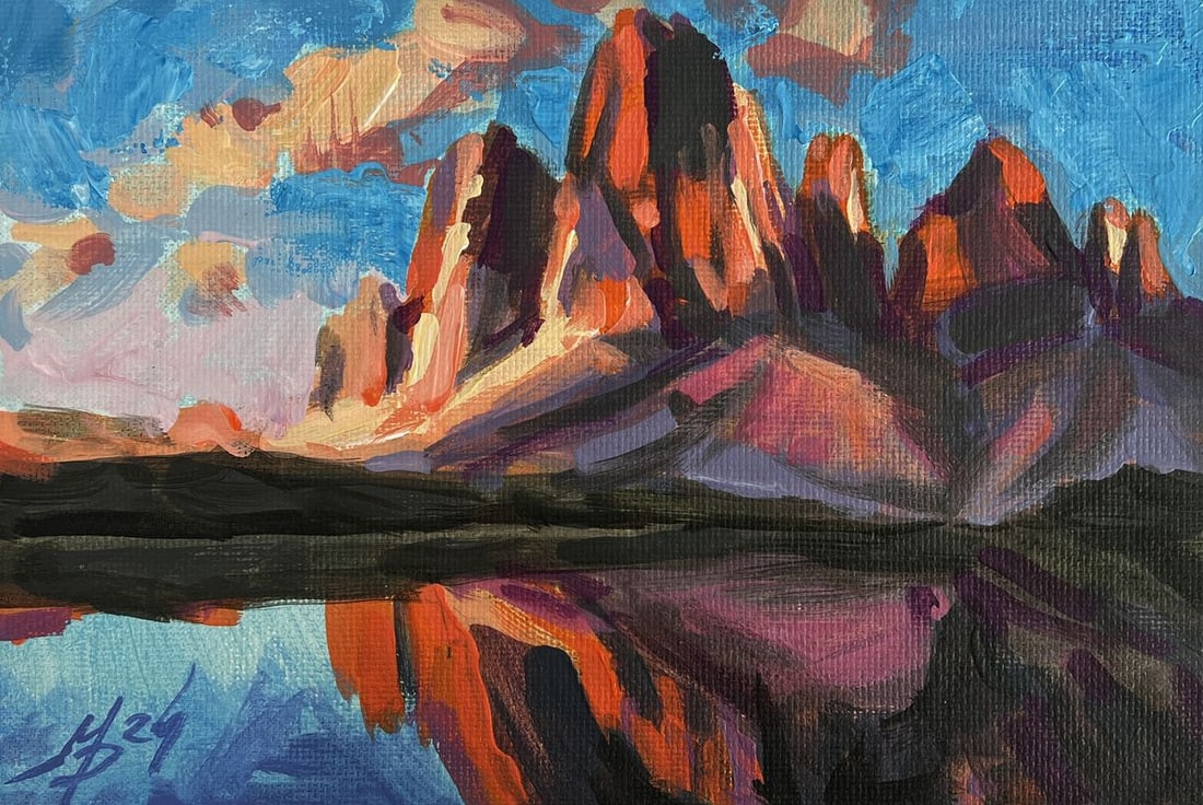 Acrylic painting Mountain valley and lake Mykhailo Patskan (1 of 10)