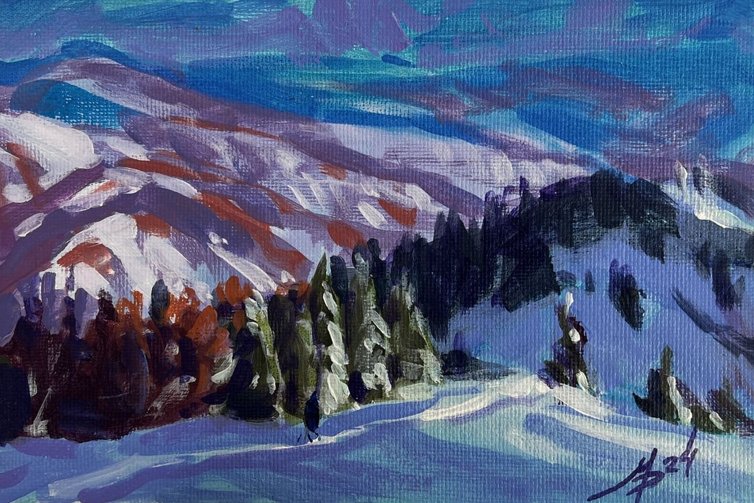 Acrylic painting Winter Mountain Range Mykhailo Patskan: Title: Acrylic painting Winter Mountain Range Mykhailo Patskan Description: №AAA4892The acrylic painting on cardboard titled "Winter Mountain Range" captures the silent grandeur and serene isola