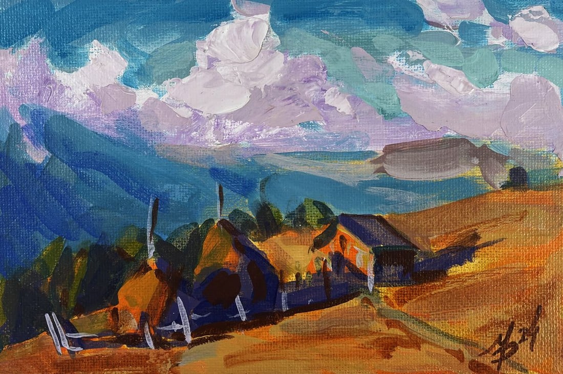 Acrylic painting House in the mountains Mykhailo Patskan: Title: Acrylic painting House in the mountains Mykhailo Patskan Description: №AAA4923The acrylic painting on cardboard titled "House in the Mountains" radiates warmth, serenity, and a profound s