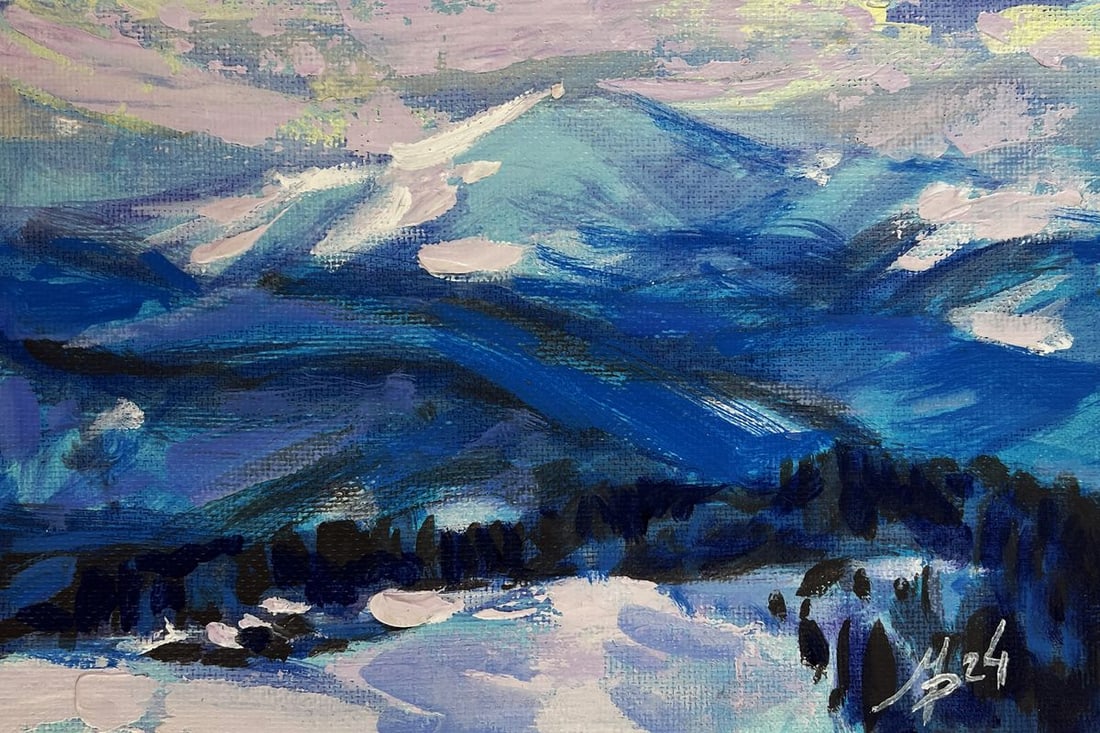 Acrylic painting Winter ski resort Mykhailo Patskan: Title: Acrylic painting Winter ski resort Mykhailo Patskan Description: №AAA4930The acrylic painting on cardboard titled "Winter Ski Resort" captures the invigorating essence of a snowy alpine l