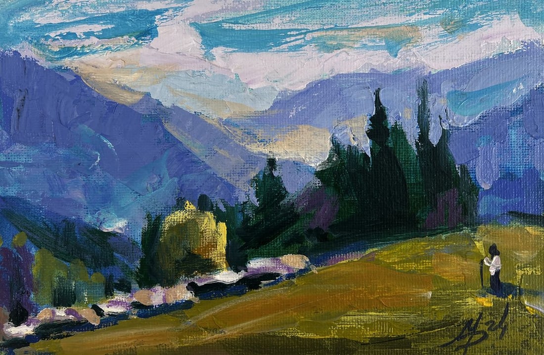 Acrylic painting In the mountain meadows Mykhailo Patskan: Title: Acrylic painting In the mountain meadows Mykhailo Patskan Description: №AAA4937The acrylic painting on cardboard titled "In the Mountain Meadows" radiates peace, freedom, and a deep rever