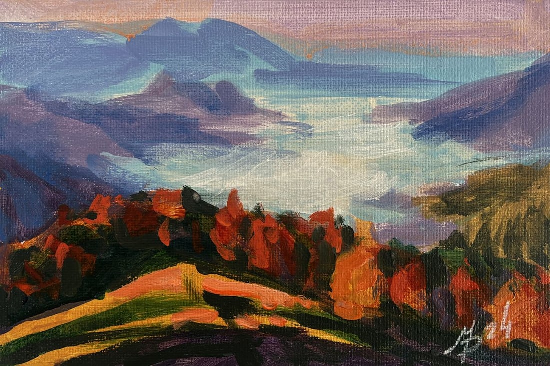 Acrylic painting Fog in the mountain valley Mykhailo Patskan: Title: Acrylic painting Fog in the mountain valley Mykhailo Patskan Description: №AAA4938The acrylic painting on cardboard titled "Fog in the Mountain Valley" captures a breathtaking and almost