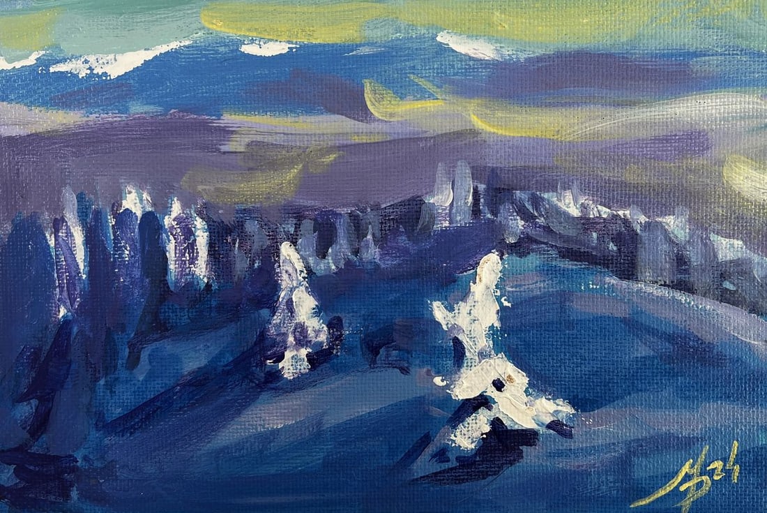 Acrylic painting Winter fog descended Mykhailo Patskan: Title: Acrylic painting Winter fog descended Mykhailo Patskan Description: №AAA4940The acrylic painting on cardboard titled "Winter Fog Descended" captures a hauntingly beautiful winter moment w