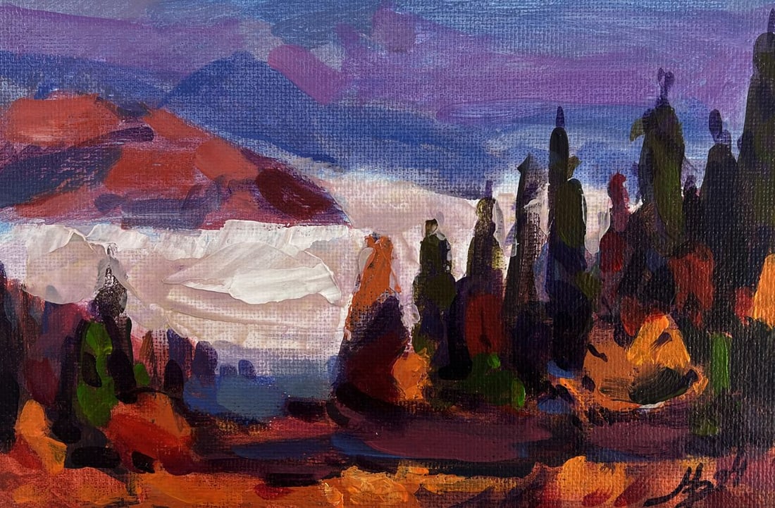 Acrylic painting Light fog in the mountain valley Mykhailo Patskan: Title: Acrylic painting Light fog in the mountain valley Mykhailo Patskan Description: №AAA4941The acrylic painting on cardboard titled "Light Fog in the Mountain Valley" masterfully captures th