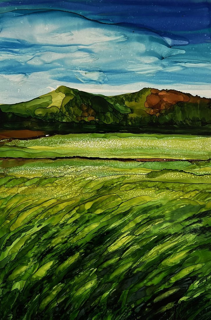 Ink painting Green fields near the mountain Olga Ponomaryova: Title: Ink painting Green fields near the mountain Olga Ponomaryova Description: №AAA5005The ink painting on hardboard titled "Green fields near the mountain" is a vivid and emotionally resonant