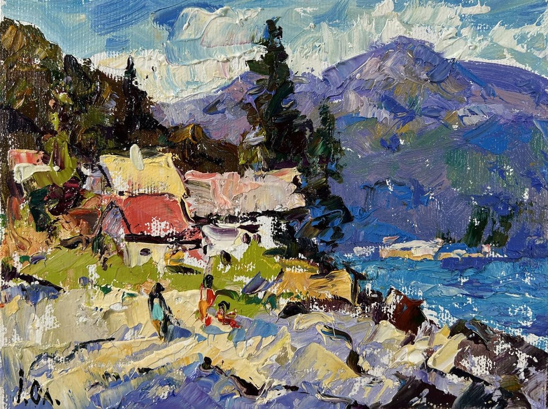 Oil painting Silence in the mountains Alex Kalenyuk: Title: Oil painting Silence in the mountains Alex Kalenyuk Description: №AAA5244The oil painting on Canvas titled "Silence in the Mountains" transports the viewer into a serene, sun-drenched mou