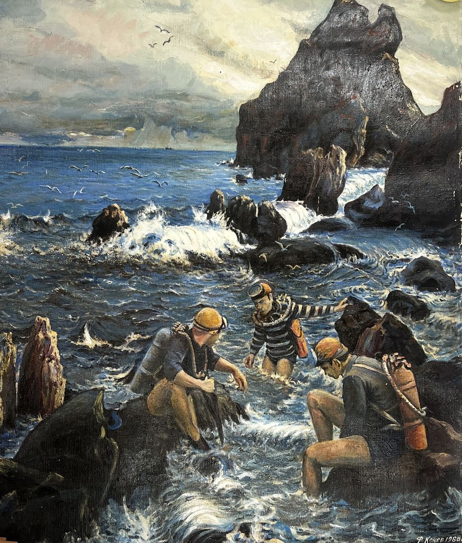 Oil painting Scuba divers and the secrets of the sea Fedor Konev: Title: Oil painting Scuba divers and the secrets of the sea Fedor Konev Description: №AAA5187The oil painting on Canvas titled "Scuba Divers and the Secrets of the Sea" is a powerful seascape na
