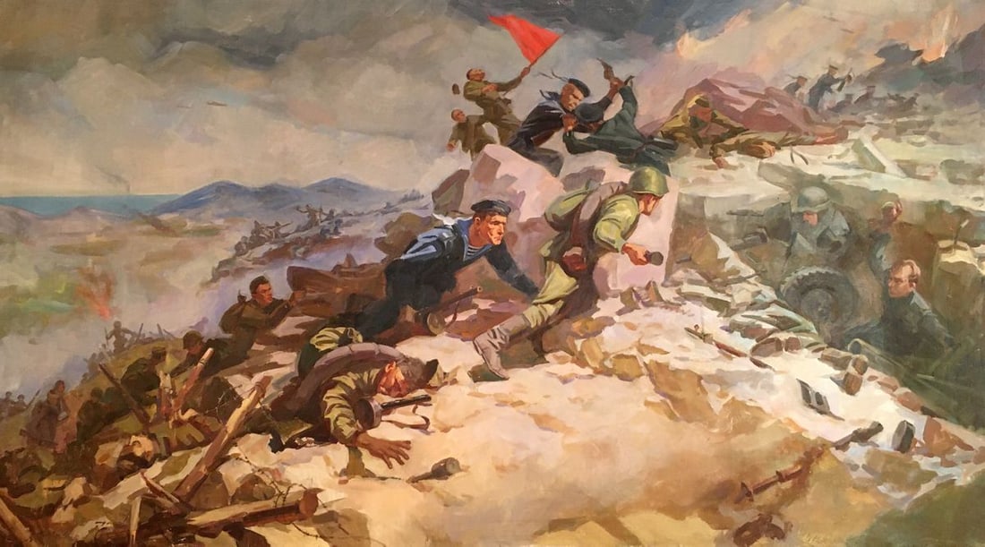 Oil painting Battlefields Strelov Arkady Efimovich: Title: Oil painting Battlefields Strelov Arkady Efimovich Description: №Vern 984 *** ABOUT THIS PAINTING *** * TITLE: "Battlefields" * ARTISTS: Strelov Arkady Efimovich * SIZE: 110.5x202 cm/'43.