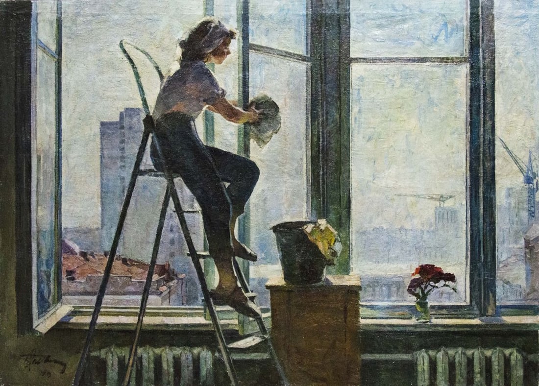 Oil painting Girl washes a window: Title: Oil painting Girl washes a window Description: №Vernd 145 *** ABOUT THIS PAINTING *** * TITLE: "Girl washes a window" * ARTISTS: Unknown artist * SIZE: 120x165 cm/'47.24x64.96 inches' * M