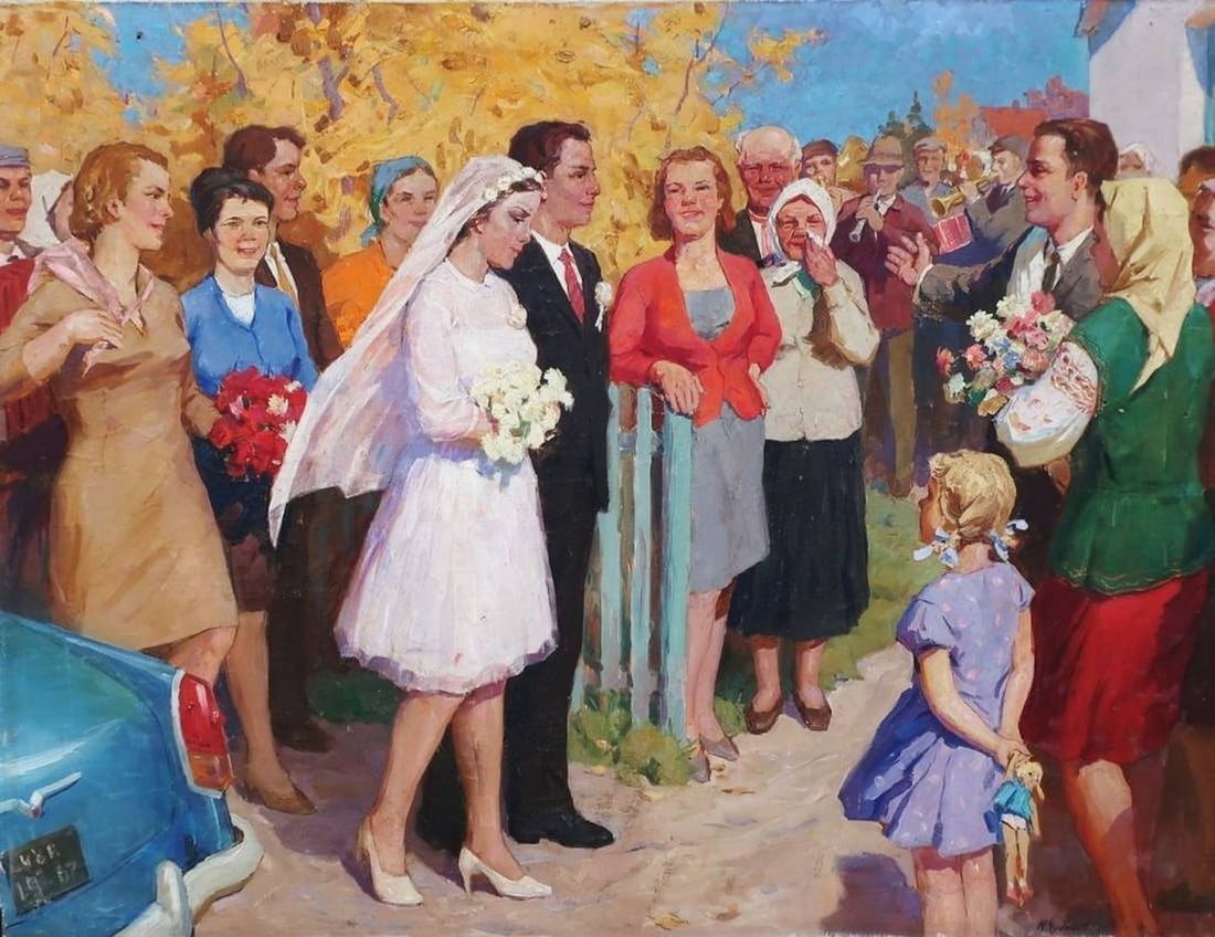 Oil painting Wedding Chudinov Yu.: Title: Oil painting Wedding Chudinov Yu. Description: №Pol 9 * TITLE: "Wedding" * ARTISTS: Chudinov Yu. * SIZE: 120x159 cm/'47x62 inches' * MEDIUM: oil, canvas * HAND PAINTED: Original painting