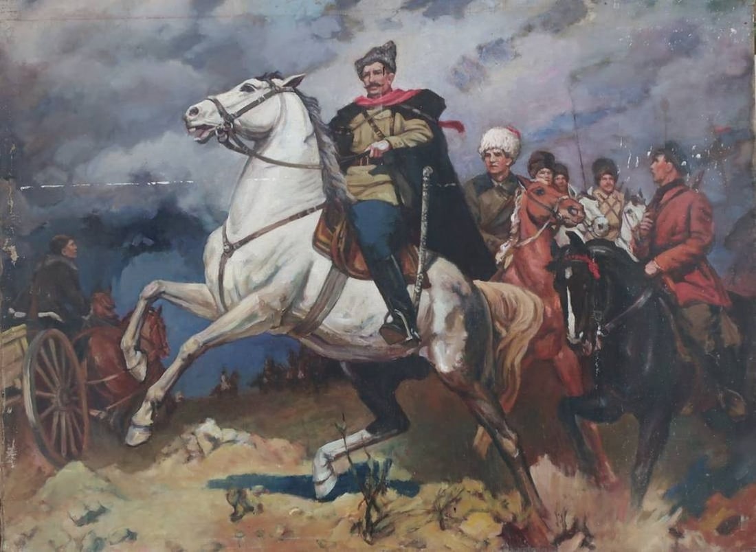 Oil painting Chapaev: Title: Oil painting Chapaev Description: №Pol 48 * TITLE: "Chapaev" * SIZE: 148x198 cm/'58x78 inches' * MEDIUM: oil, canvas * HAND PAINTED: Original painting from our collection * CONDITION: we