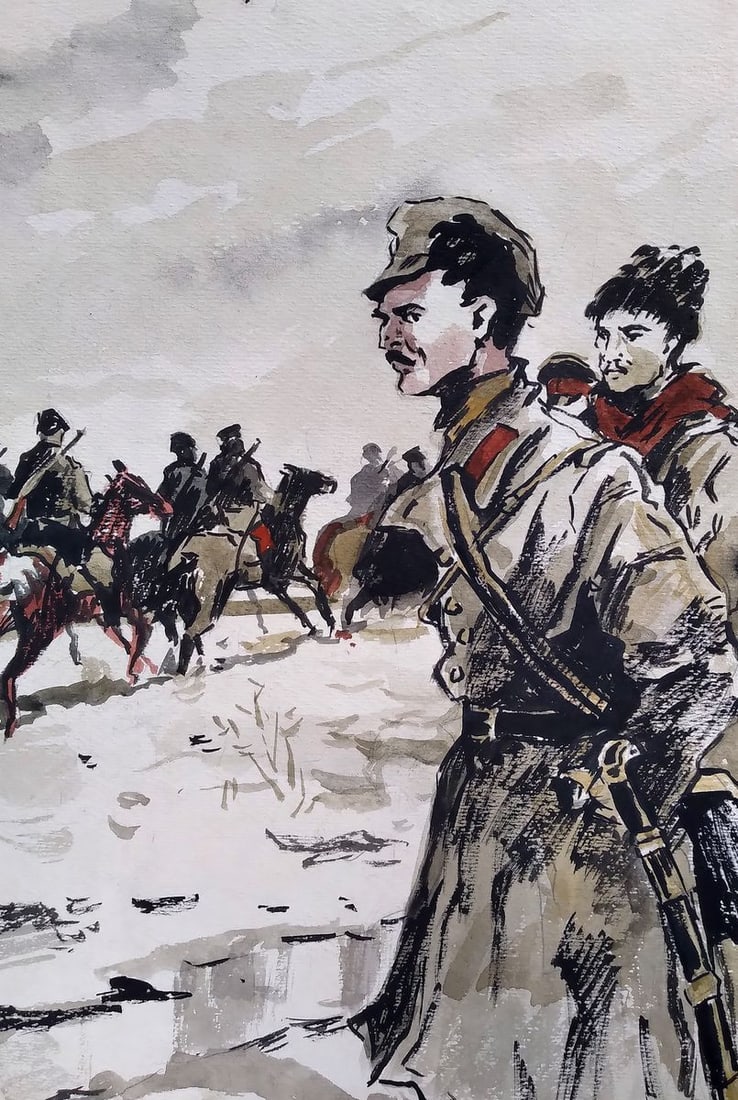 Social realism watercolor painting Soldiers on the road Unknown artist (1 of 6)