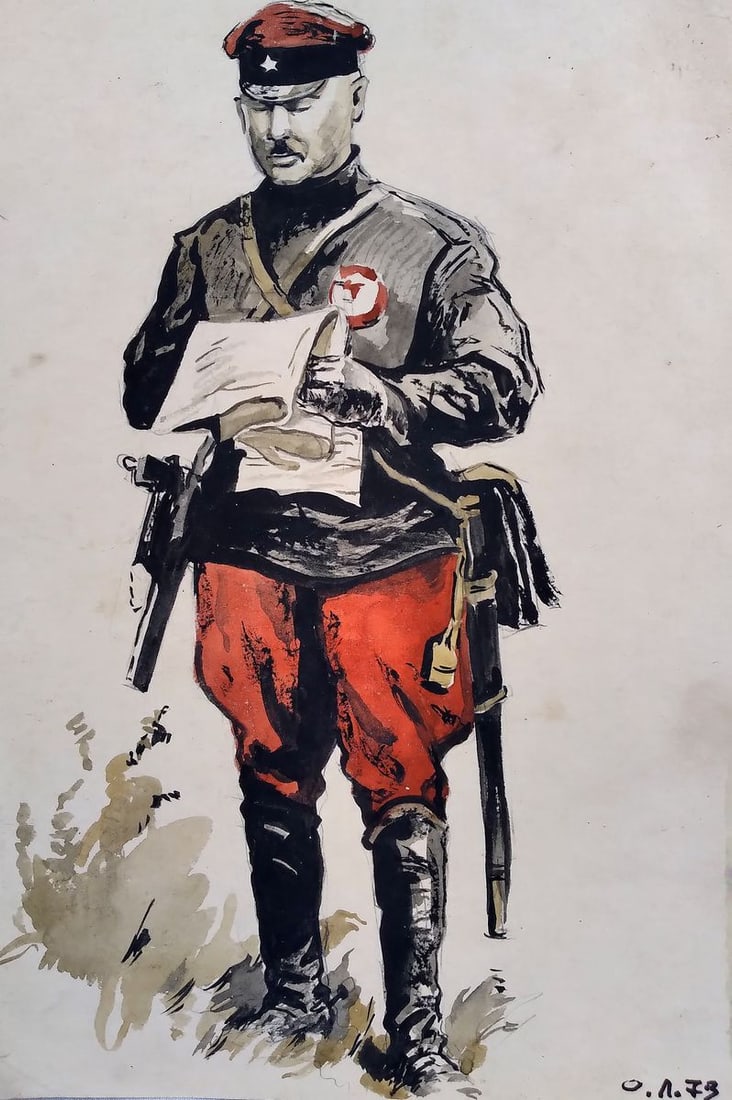 Social realism watercolor painting The officer looks at the map Litvinov Oleg Arkad'yevich (1 of 4)