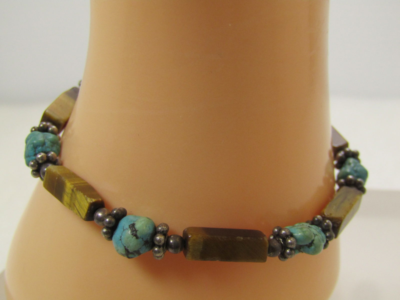 Vintage Sterling Southwestern Turquoise Tiger's Eye Bracelet, 7", Toggle Clasp, 1980's-1990's: Vintage Sterling Southwestern Turquoise Tiger's Eye Bracelet, 7", Toggle Clasp, 1980's-1990's. This has square tiger's eye beads that are appx. 12.5mm long and 4mm thick with turquoie nuggets between