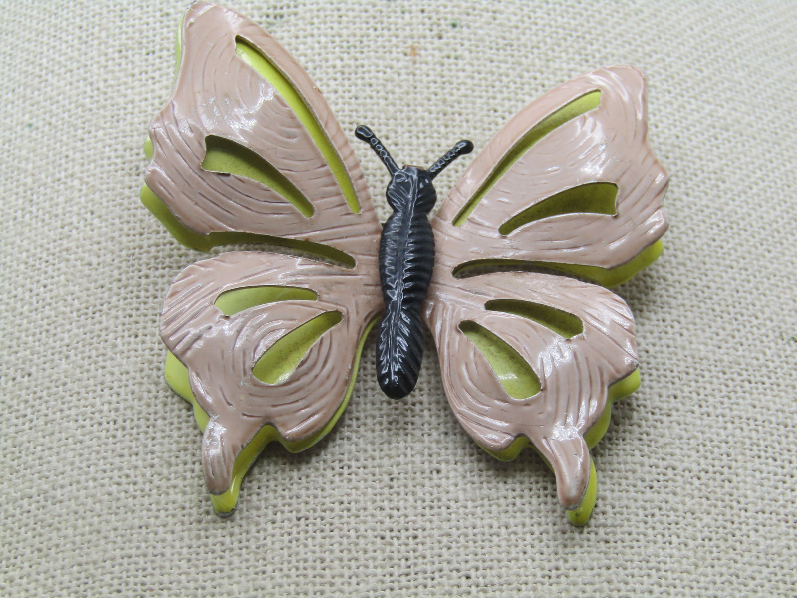 Vintage Enamed Butterfly Brooch, Double-Wings, Tan/Yellow, 1960's: Vintage Enamed Butterfly Brooch, Double-Wings, Tan/Yellow, 1960's. Large butterfly with yellow lower wings and cut-out enameled tan wings on top with ridge accents and a black head and torso. It is ap