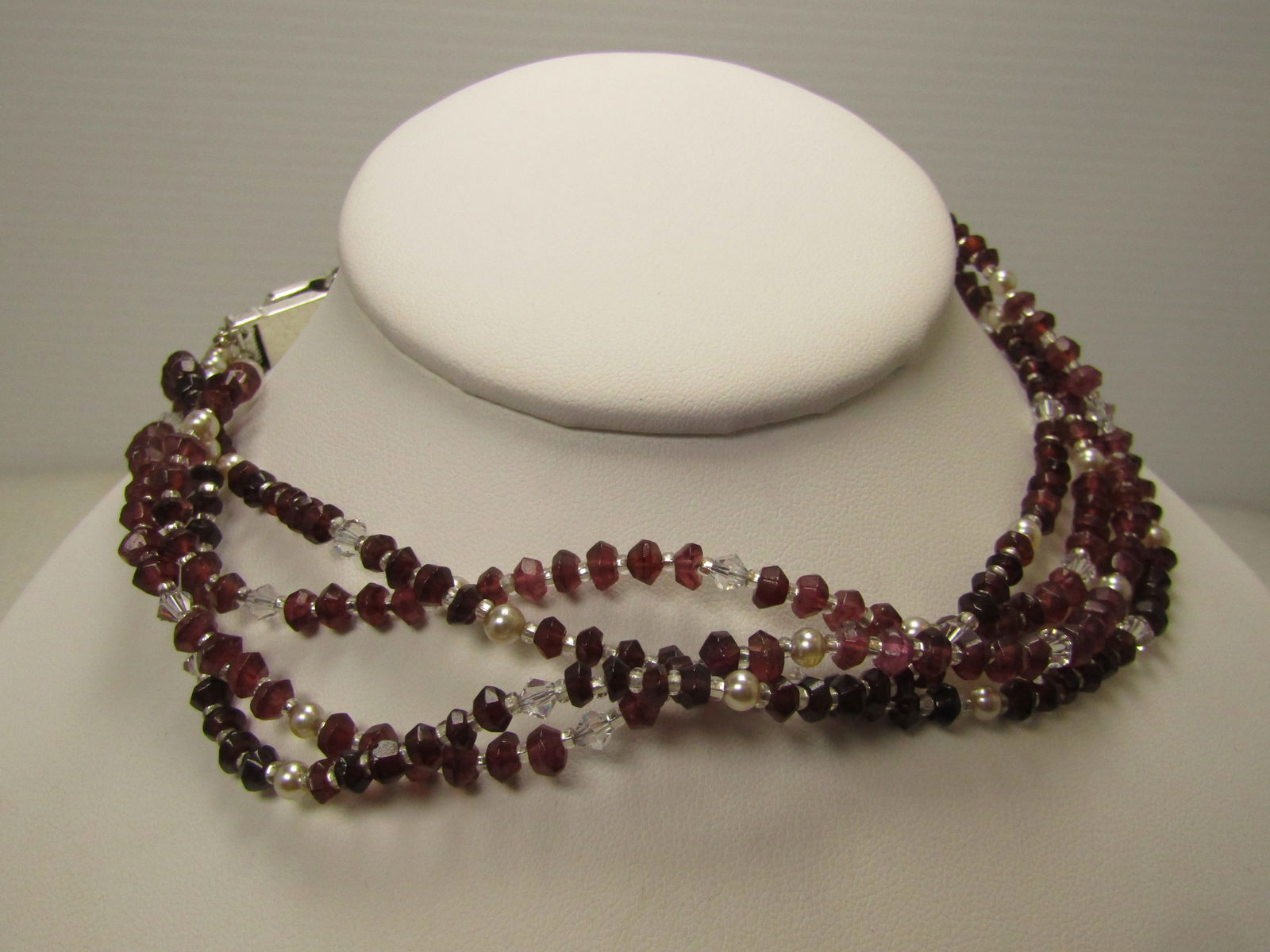 Costume Garnet & Clear Crystal Necklace, Double Strand, 29", Faux Pearls, 1990's: Costume Garnet & Clear Crystal Necklace, Double Strand, 29", Faux Pearls, 1990's. This has a double strand of what appear to be natural garnet beads that average an appx. width of 4.5mm. They have a c