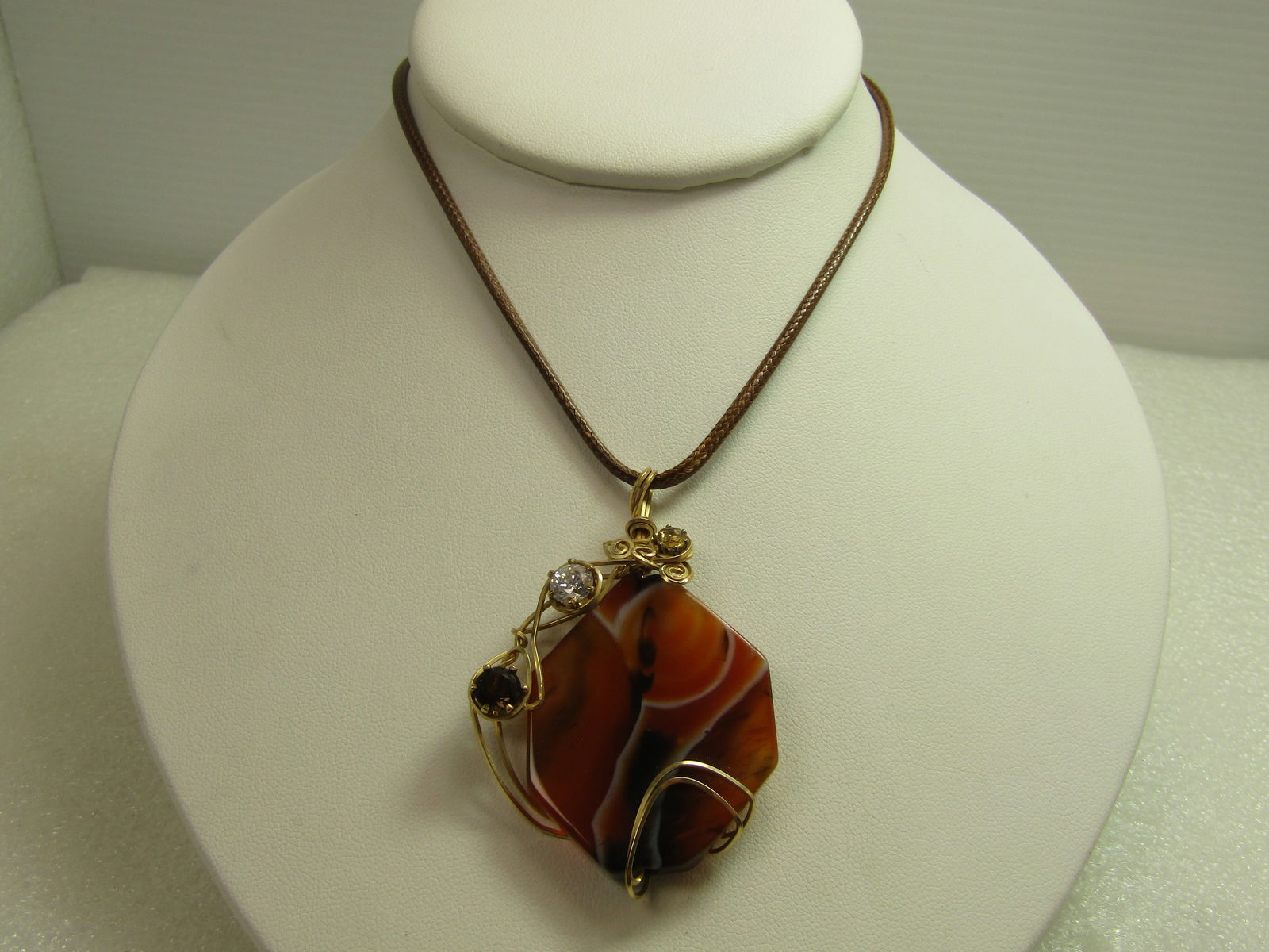 Vintage Montana Agate Wrapped Necklace, Three Quartz/Citrine Stones, 1980's-1990's, 18"-20": Vintage Montana Agate Wrapped Necklace, Quartz & Citrine, 1980's-1990's, 18"-20", The agate is wrapped with two strands of gold filed wire around the top and bottom and left side with three prong-set