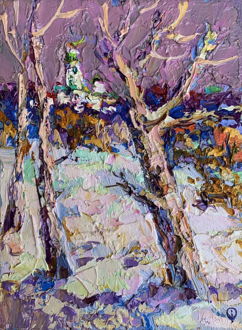 Oil painting The first snow fell Oksana Kalenyuk: Title: Oil painting The first snow fell Oksana Kalenyuk Description: AAA3265The painting "The First Snow Fell" is an evocative oil on canvas piece that captures the serene and transformative moment of