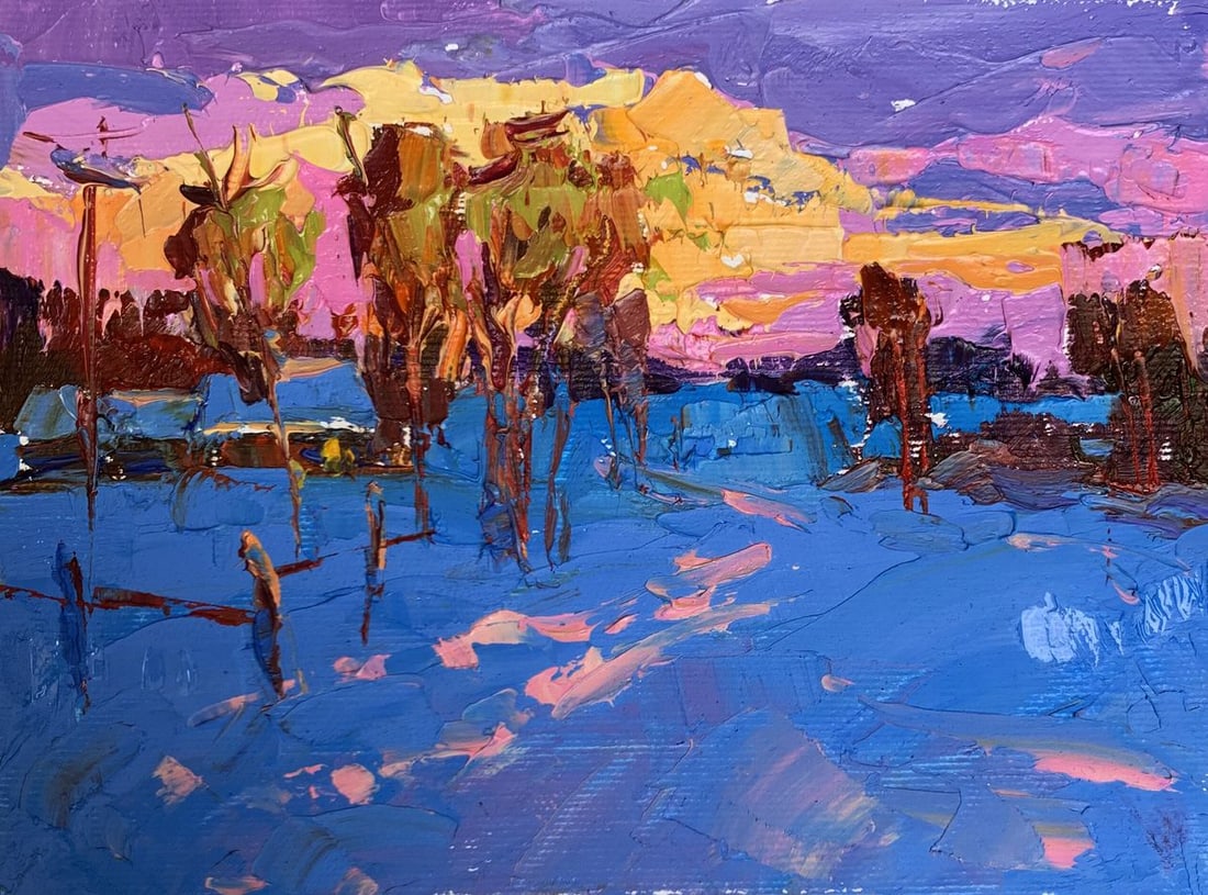 Oil painting In the evening in the cold Oksana Kalenyuk: Title: Oil painting In the evening in the cold Oksana Kalenyuk Description: AAA3274The painting "In the Evening in the Cold" is an expressive and vibrant oil on canvas piece that captures the serene y