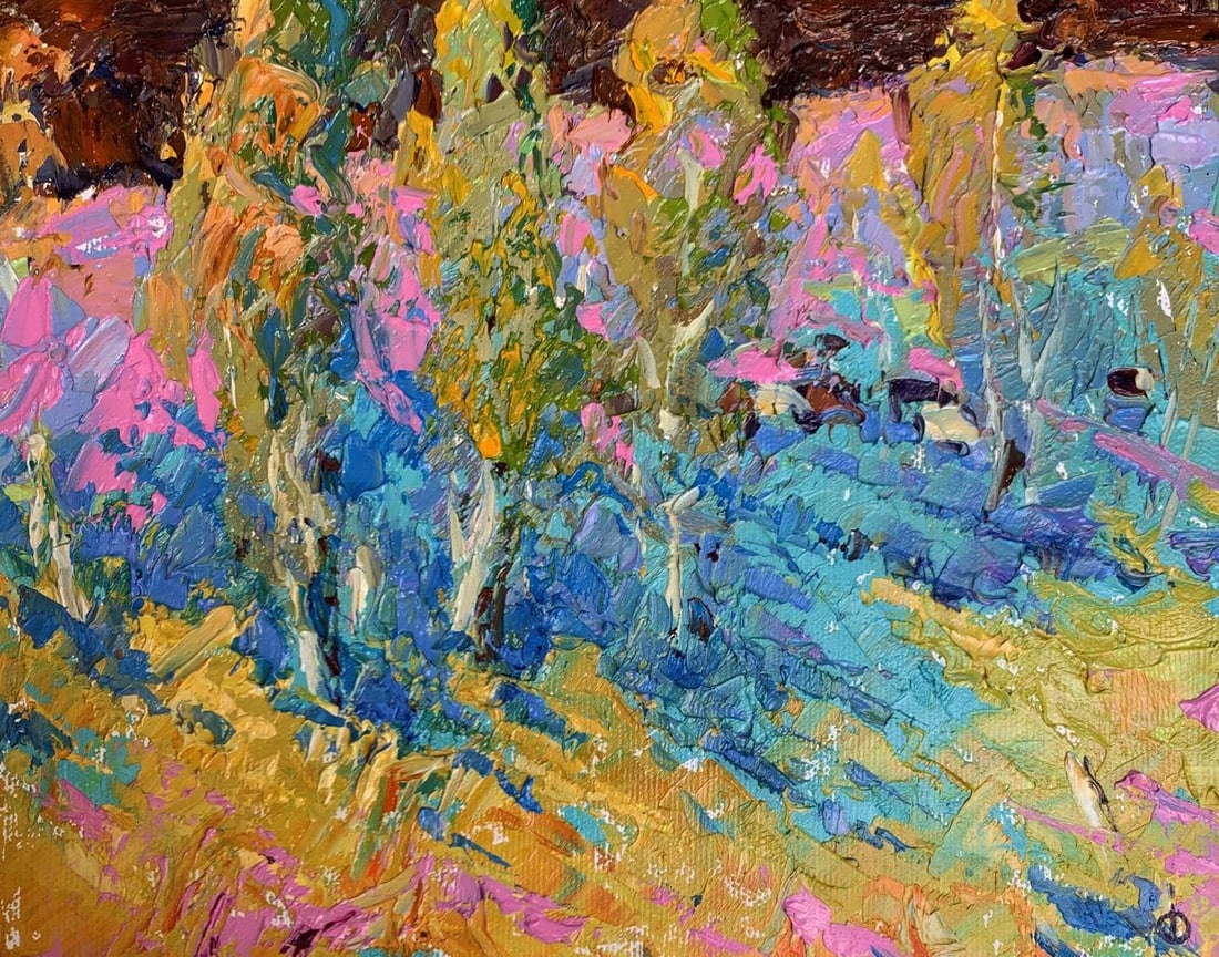 Oil painting Near young poplars Alex Kalenyuk: Title: Oil painting Near young poplars Alex Kalenyuk Description: AAA3277The painting "Near Young Poplars" is an expressive and vividly colored oil on canvas piece that captures the vibrant and lively