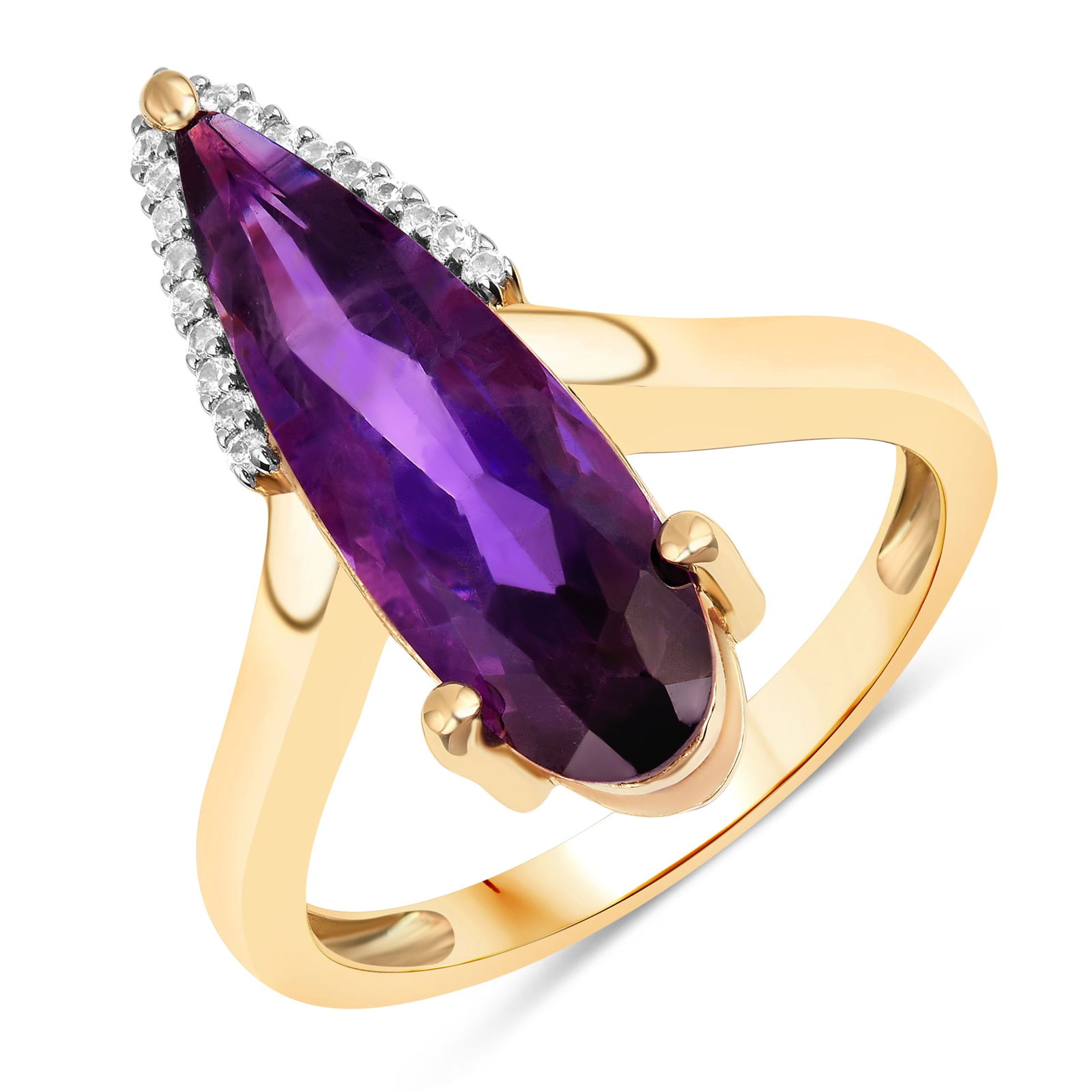 Ring: African Amethyst Pears 20x6mm: No Reserve! Title: Ring: African Amethyst Pears 20x6mm Description: African Amethyst Pears 20x6mm - 1Pcs + White Diamond S/C Round 1.00mm - 17Pcs Date/Period: After 2000 Materials: 925 Silver W/Yellow