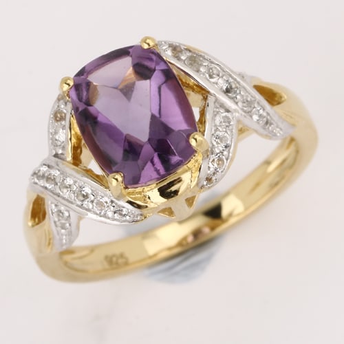 Ring: Brazil Amethyst Cushion 9x7mm: No Reserve! Title: Ring: Brazil Amethyst Cushion 9x7mm Description: Brazil Amethyst Cushion 9x7mm - 1Pcs + White Topaz Round 1.30mm - 16Pcs + White Topaz Round 1.00mm - 12Pcs Date/Period: After 2000 M