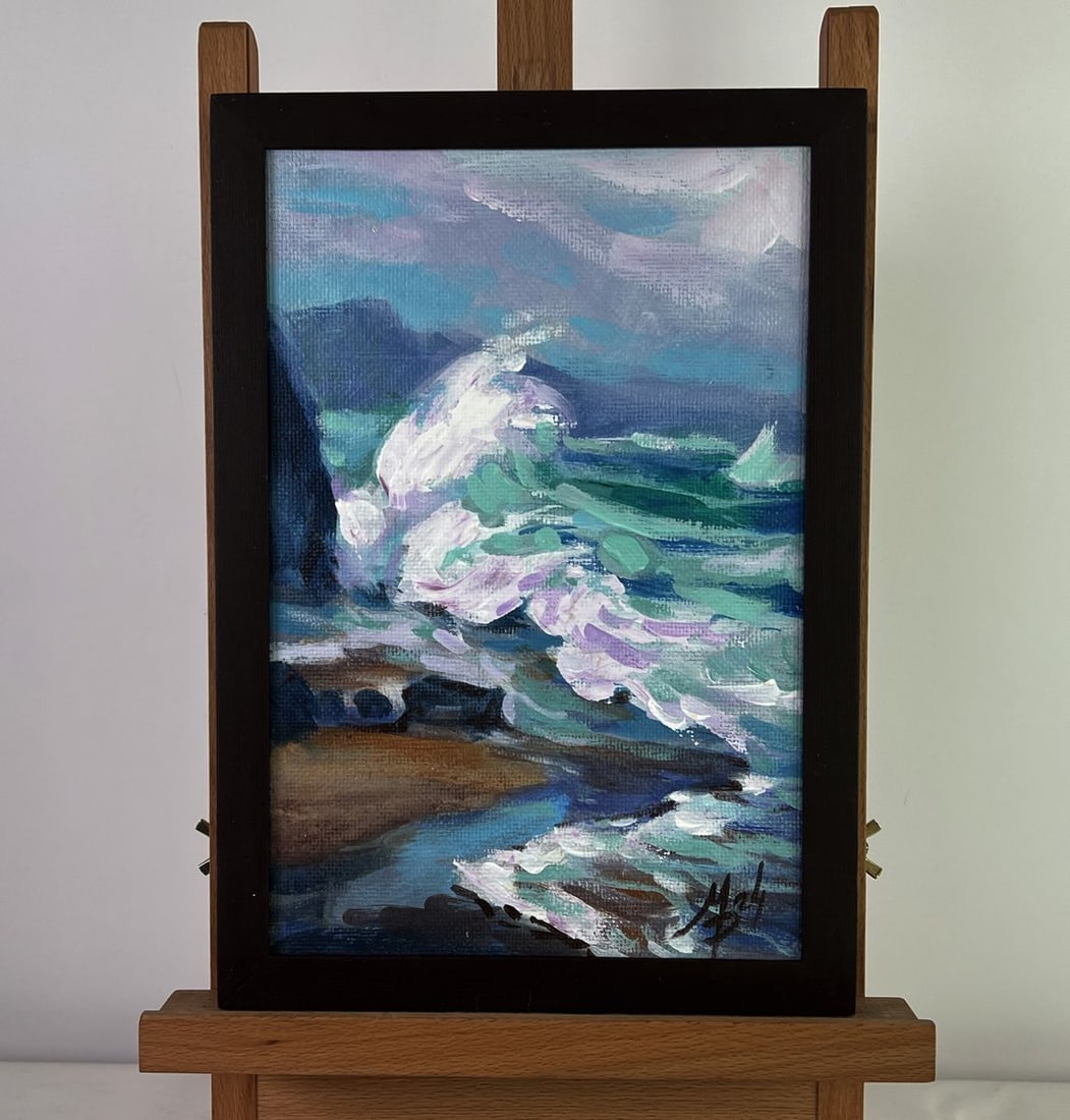 Acrylic painting Raging sea waves Mykhailo Patskan: Title: Acrylic painting Raging sea waves Mykhailo Patskan Description: AAA4840The acrylic painting on cardboard titled "Raging Sea Waves" captures the untamed power and movement of the ocean, portrayi
