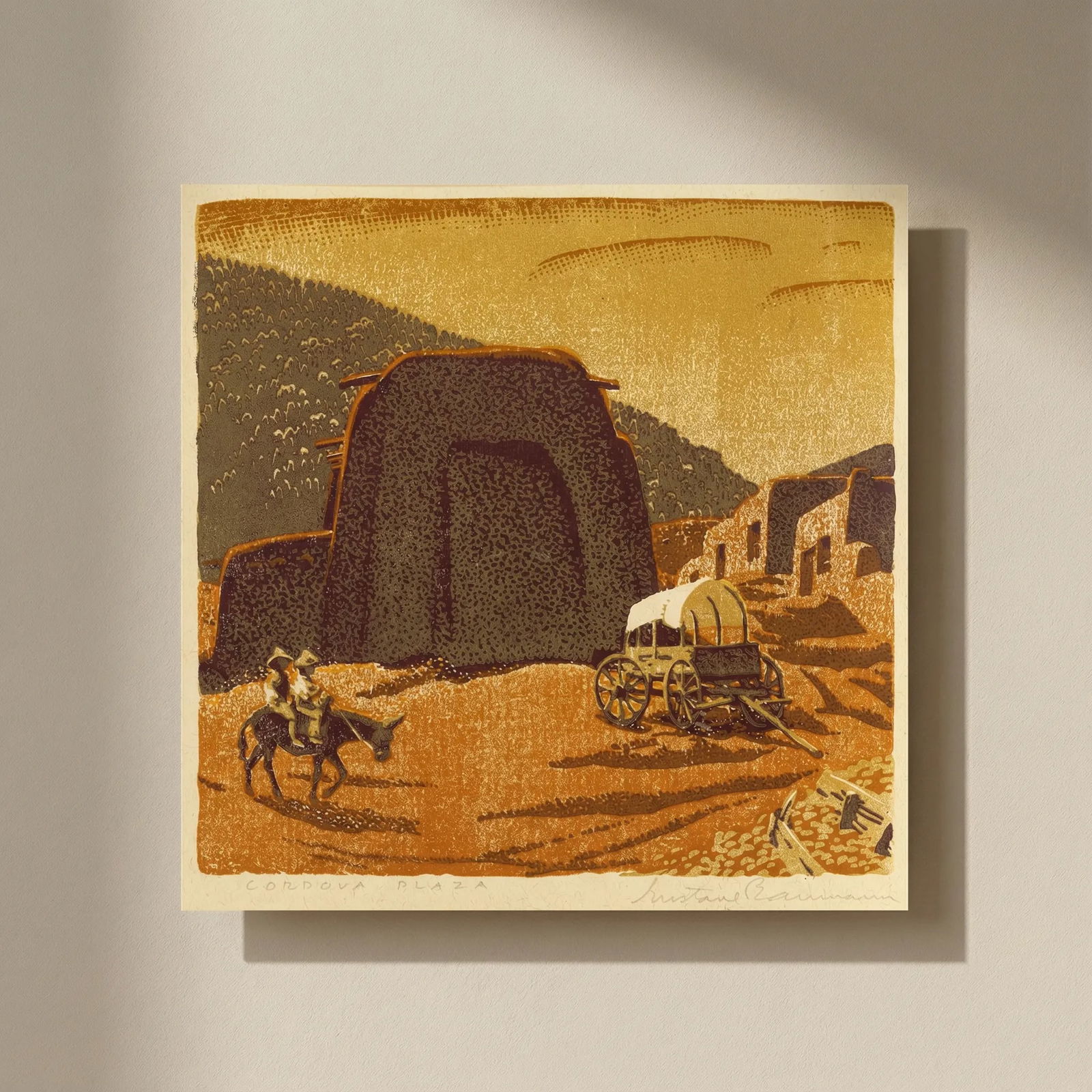 Gustave Baumann Cordova Plaza Print: Title: Gustave Baumann Cordova Plaza Print Description: Gustave Baumann Cordova Plaza Print mounted to board measuring at 11.5x13.25 inches. NOT a woodblock print Dimensions: 11.5x13.25" Reserve: $60.