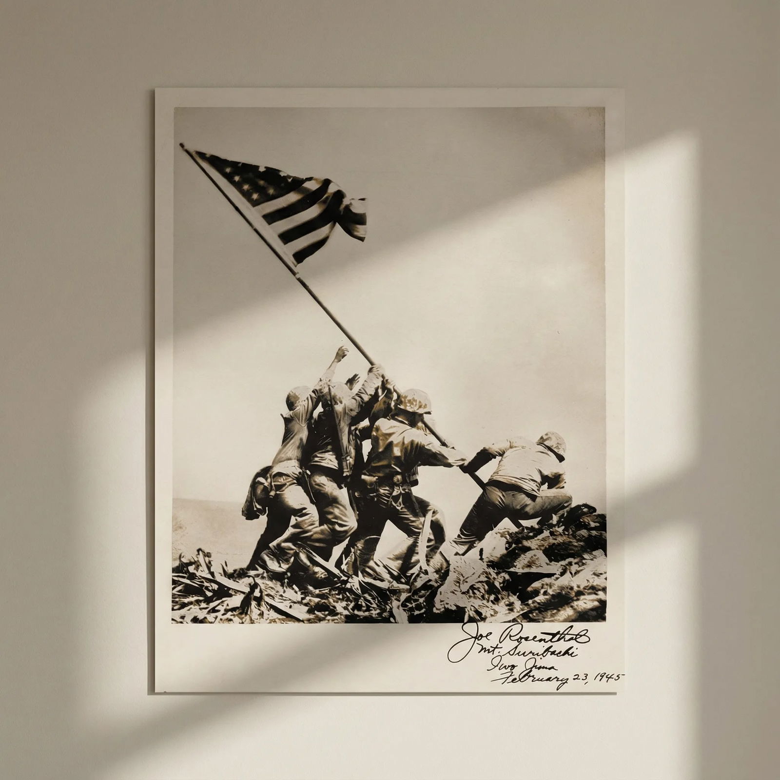 Joe Rosenthal Raising Flag Print: Title: Joe Rosenthal Raising Flag Print Description: Joe Rosenthal Raising Flag Print mounted to board measuring at 8x10 inches Dimensions: 8x10" Reserve: $60.00 Shipping: Domestic: Flat-rate of $35.0