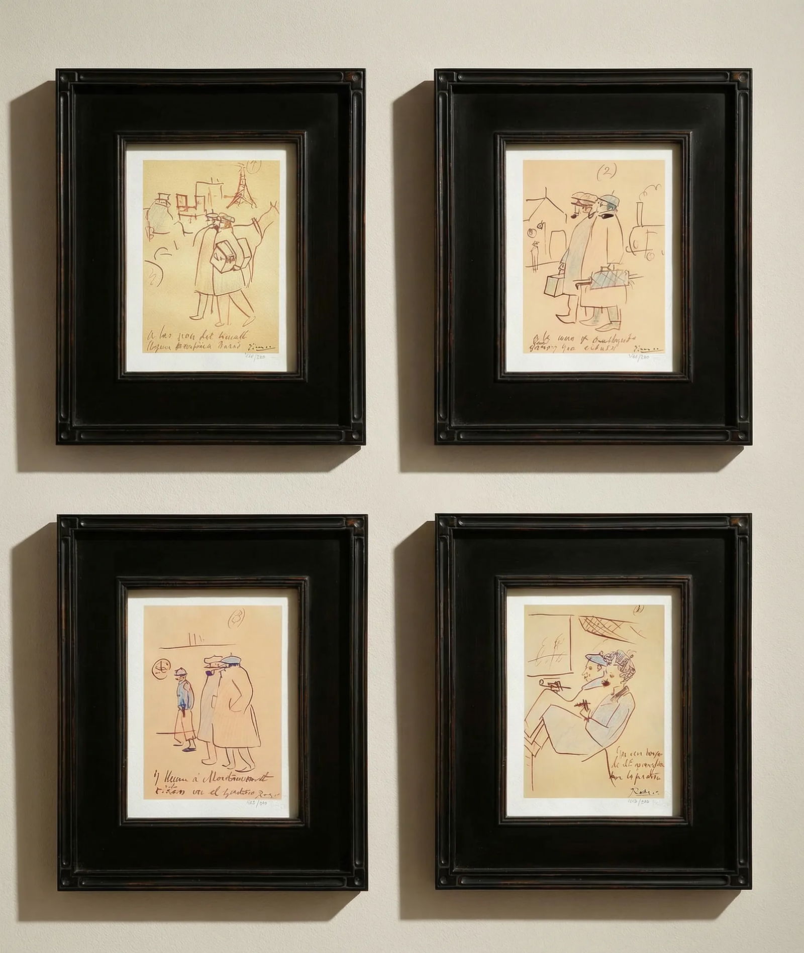 Pablo Picasso Trip To Paris set of 4 Framed: Title: Pablo Picasso Trip To Paris set of 4 Framed Description: Artist: Pablo Picasso Country: Spain Title: Trip To Paris - Set of 4 Medium: Giclee Marks: Limited Edition numbered, not signed Paper: A