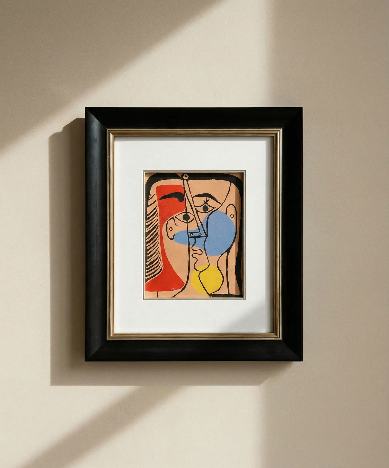 Picasso Linocut 1978 Large Red Blue & Yellow Head, Framed: Title: Picasso Linocut 1978 Large Red Blue & Yellow Head, Framed Description: Artist: Pablo Picasso Country: Spain Title: Large red, blue & yellow Head Medium: Linocut in colors Paper Size: Vellum
