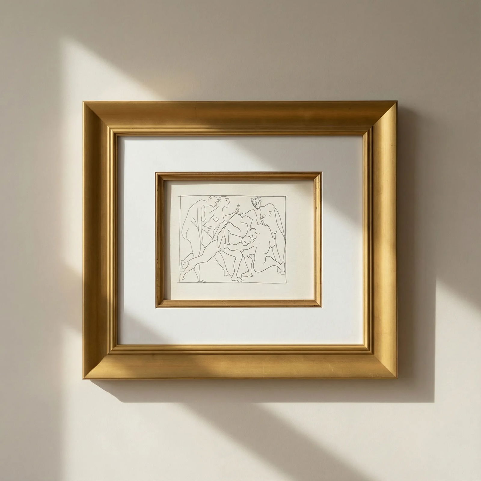 Picasso 23 Two wrestlers observed by 3 nude women framed: Title: Picasso 23 Two wrestlers observed by 3 nude women framed Description: Title: Two wrestlers observed by 3 nude women Artist: Pablo Picasso (after) Country: Spain Medium: Facsimile - 23 Marks: No