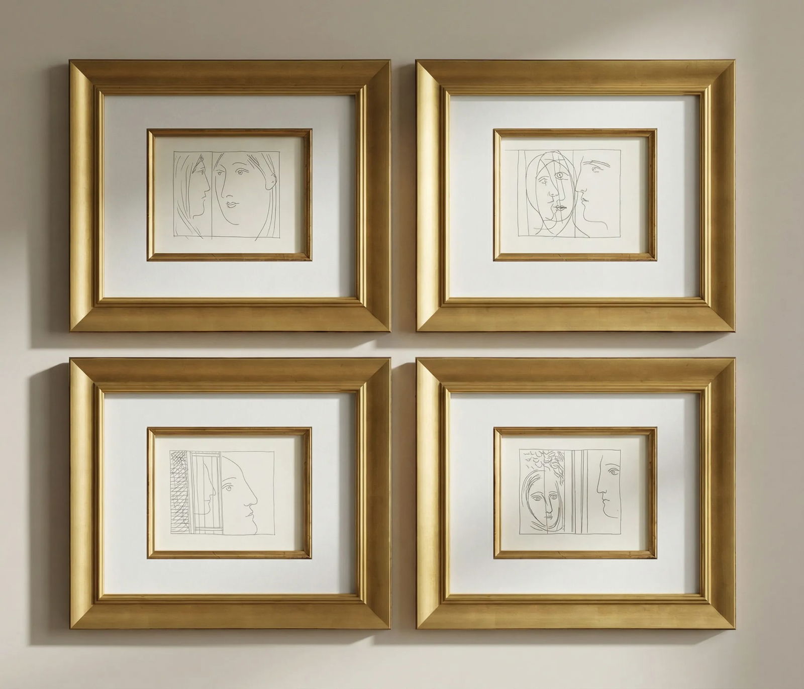 Picasso Set of 4 framed prints from Metamorphoses: Title: Picasso Set of 4 framed prints from Metamorphoses Description: These four remarkable prints by Pablo Picasso feature metamorphosis scenes. Each print is beautifully framed in a high-quality gol