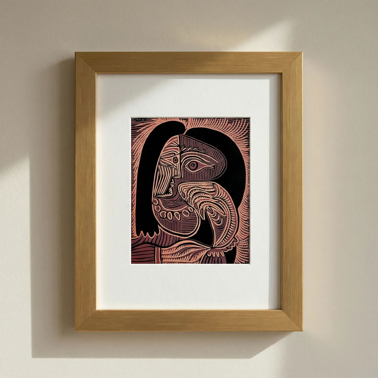 Pablo Picasso Framed Linocut Woman with necklace 1978: Title: Pablo Picasso Framed Linocut Woman with necklace 1978 Description: Artist: Pablo Picasso Country: Spain Title: Woman with Necklace Medium: Linocut in 3 colors Marks: Not signed, not numbered Pa