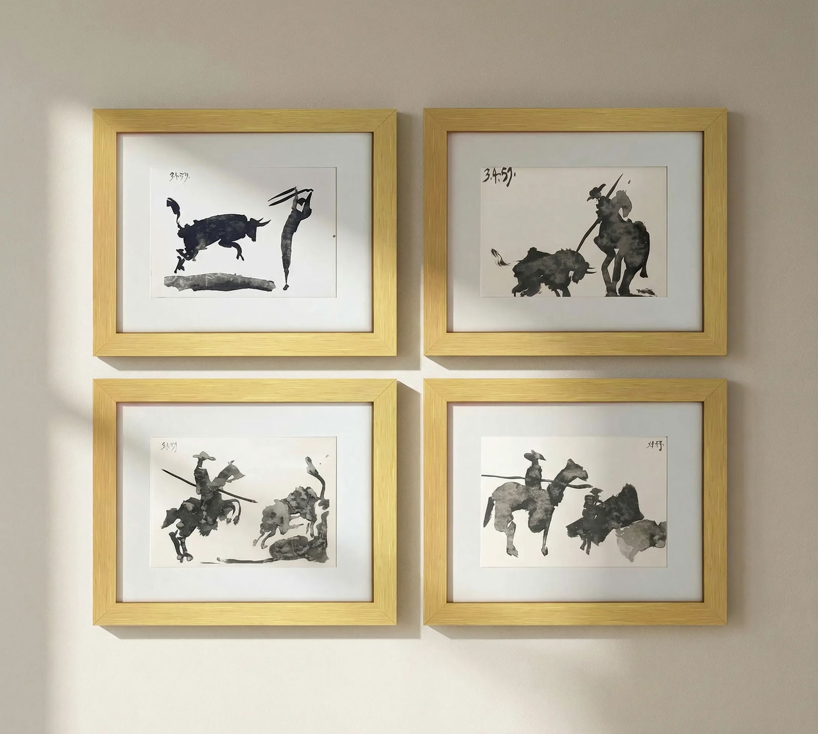Pablo Picasso Set of four Framed Toros y Toreros: Title: Pablo Picasso Set of four Framed Toros y Toreros Description: Artist: Pablo Picasso Country: Spain Title: Set of Four Toros y Torero Medium: Bichromie Marks: Not signed, not numbered Paper size