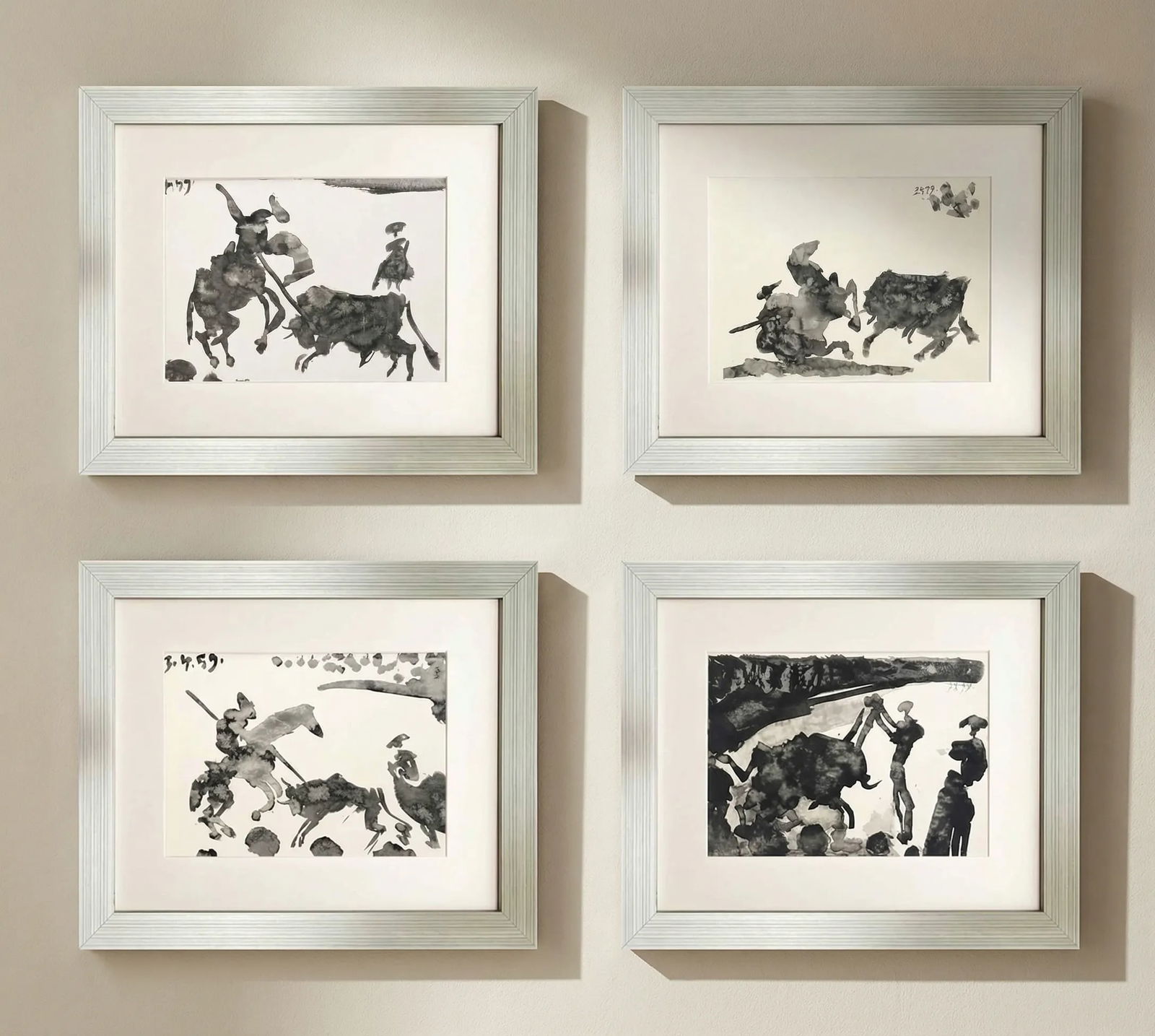 Pablo Picasso Set of four Framed Toros y Toreros: Title: Pablo Picasso Set of four Framed Toros y Toreros Description: Artist: Pablo Picasso Country: Spain Title: Set of Four Toros y Toreros dated 3-4-59 Medium: Bichromie Marks: Not signed, not numbe