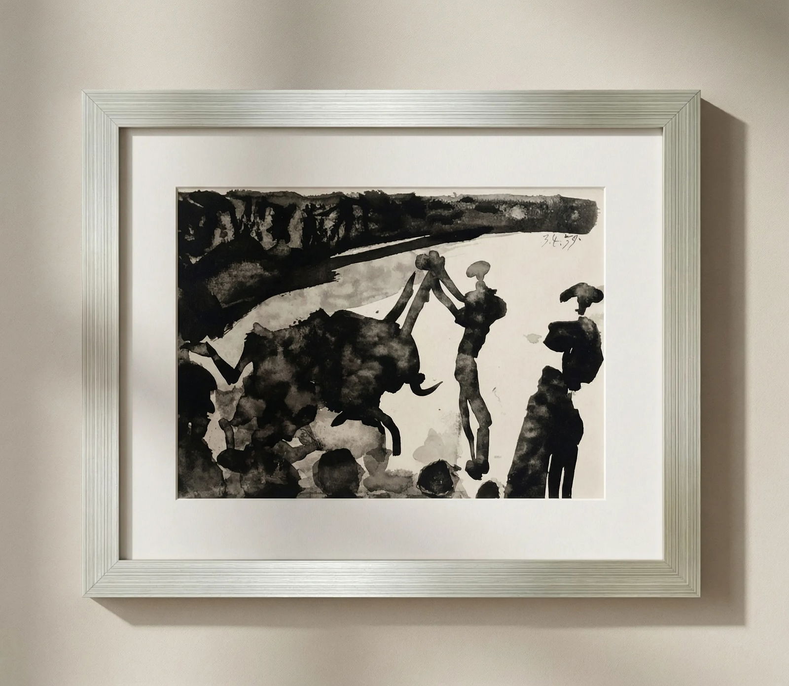 Pablo Picasso Toros y Toreros 8 dated 3-4-59 framed: Title: Pablo Picasso Toros y Toreros 8 dated 3-4-59 framed Description: Artist: Pablo Picasso Country: Spain Title: Toros y Toreros 8 dated 3-4-59 Medium: Bichromie Marks: Not signed, not numbered Pap