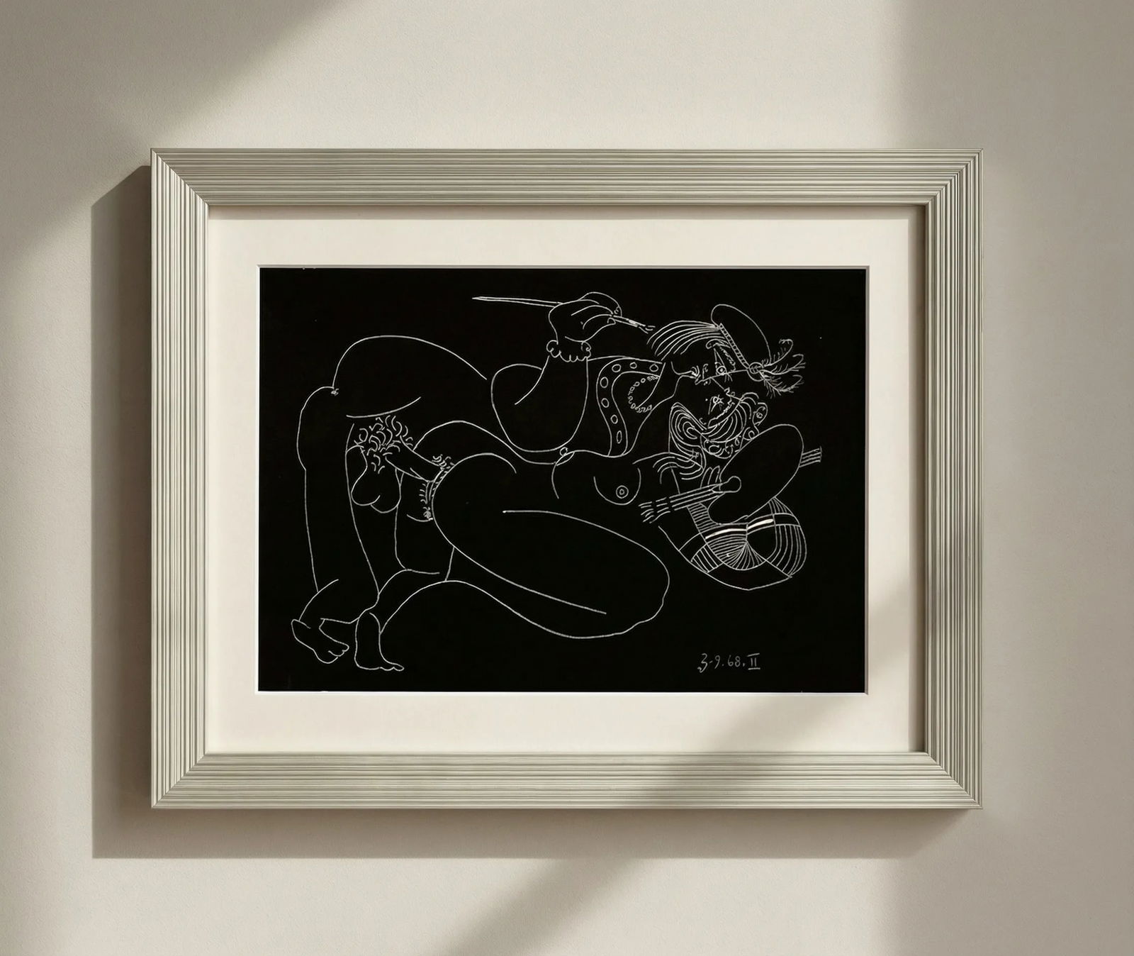 Pablo Picasso Gravure Erotic 2 dated 3/9/1968 framed: Title: Pablo Picasso Gravure Erotic 2 dated 3/9/1968 framed Description: Title: Erotic 2 dated 3 /9 / 1968 Artist: Pablo Picasso Country: Spain Medium: Lithograph Marks: Not signed, not numbered Paper