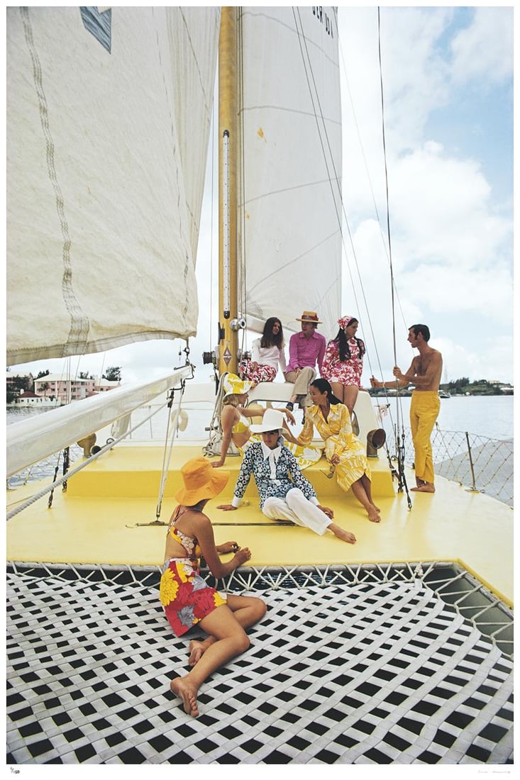 A Colourful Crew 1970 - Slim Aarons Estate Stamped: 1970 (printed later): Title: A Colourful Crew 1970 - Slim Aarons Estate Stamped: 1970 (printed later) Description: A Colourful Crew 1970 - Slim Aarons Estate Stamped A group of colourfully dressed friends on board the Caly
