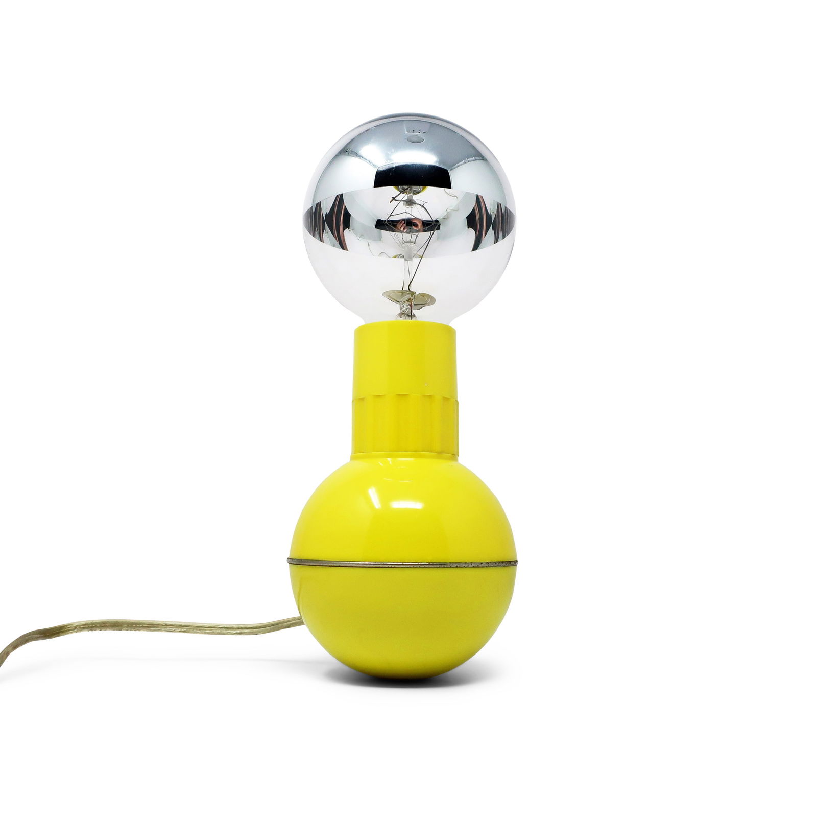 Vintage Enzo Mari Yellow Dumbbell Lamp: A classic by famed Italian design Enzo Mari that looks like a dumbbell. Spherical weighted base with chrome ring keeps the lamp from tipping over, yellow ribbed collar turns on/off and dims the light,