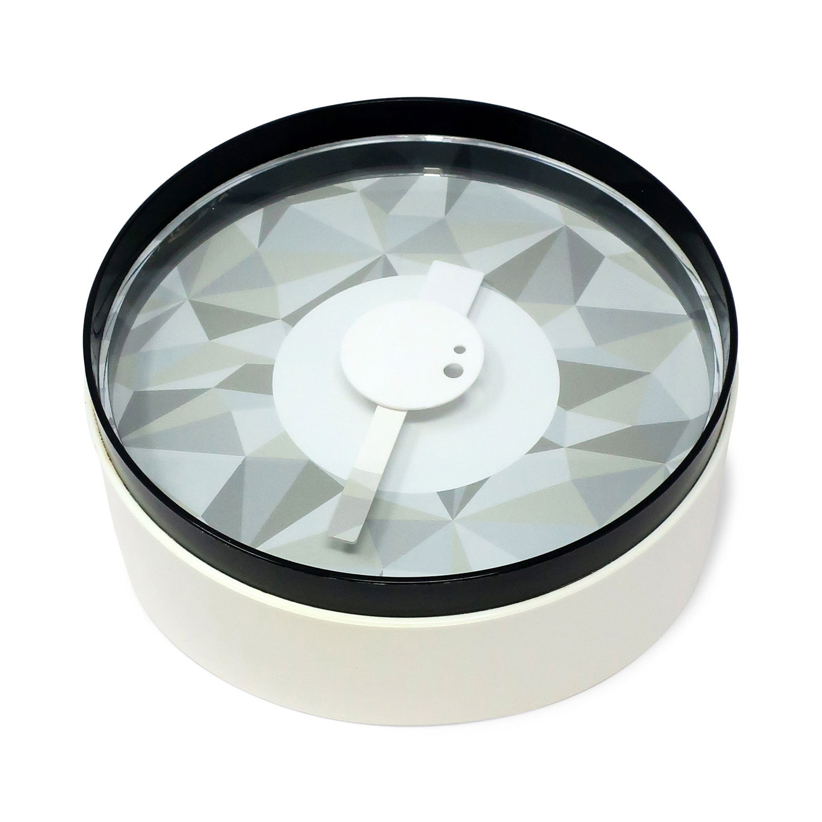 Postmodern Slantime Wall Clock by Semk Design clock: An early 2000s wall clock by Sëmk Design for their Luft line of products. Angled to hang on a wall and point down towards the viewer. A range of grays and white in the face and hand design make i