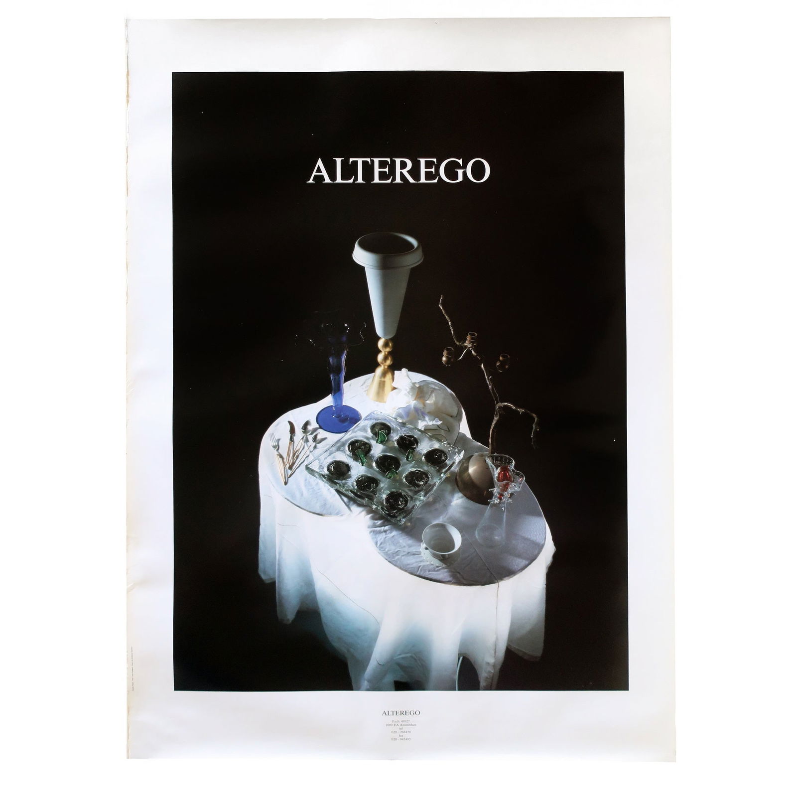 Bořek Šípek for Alterego Promotional Poster: A promotional poster for Czech architect and designer Borek Sipek's work with his design studio Alterego producing works in glass in the 1980s and 1990s. Features a number of Sipek designed pieces on