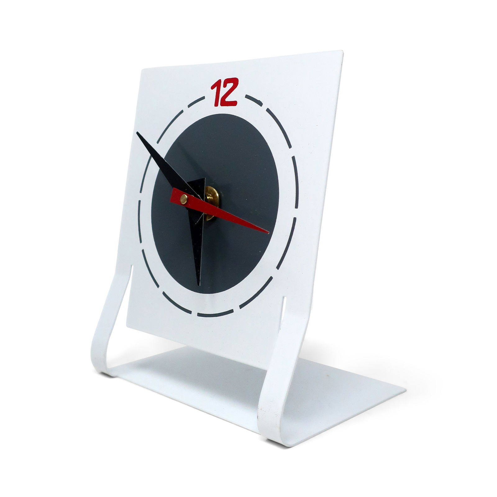 1980s White Metal Desk Clock by Time Square: A postmodern desk or table clock by Time Square. This "fashionable timepiece" (the manufacturer's language on packaging) is constructed from a piece of bent white powder coated metal to create a built