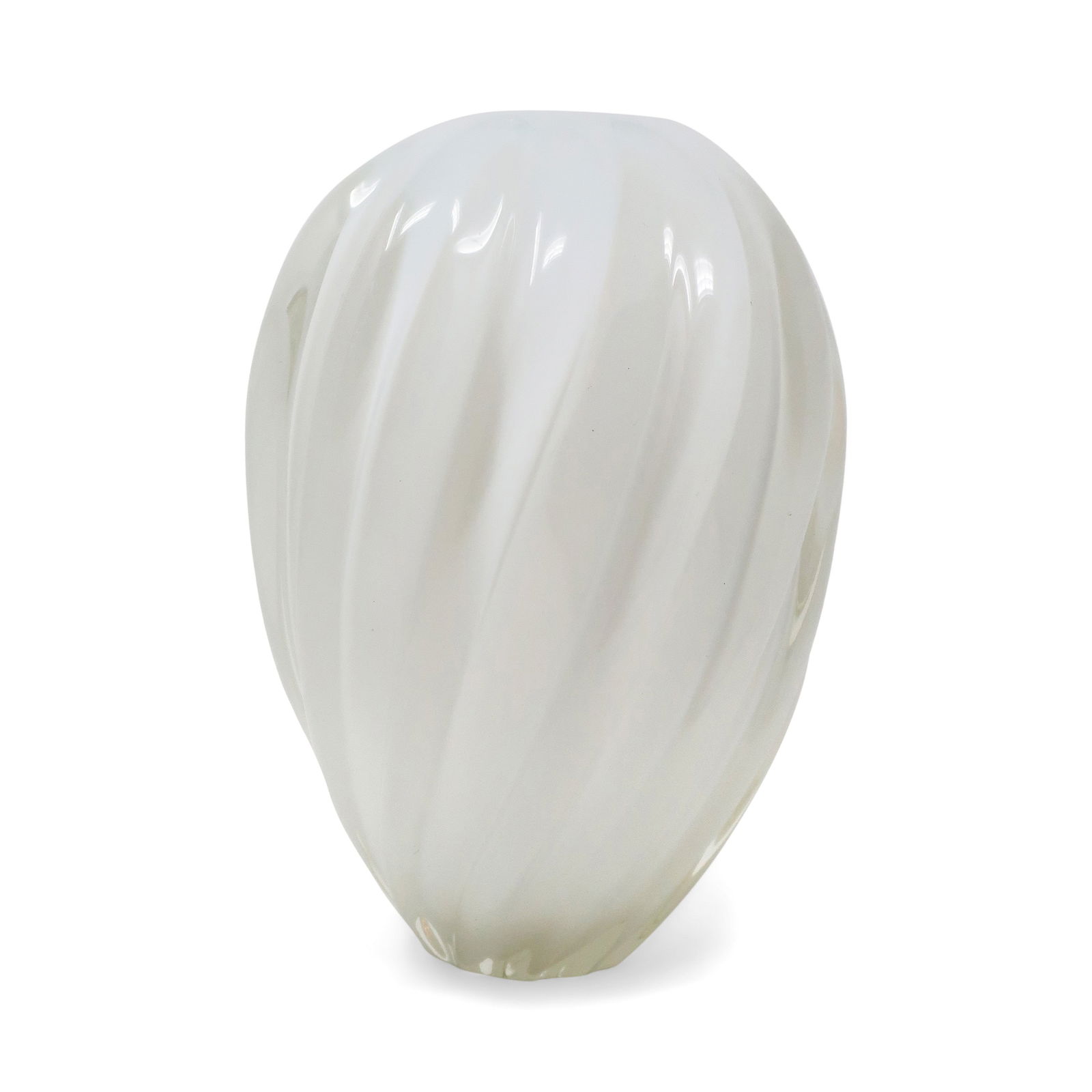 1980s Opalescent Swirl Glass Vase by Larry Laslo for Mikasa: A lovely opalescent glass vase designed by Larry Laslo in the 1980s for Mikasa. Very heavy glass with a pronounced beautiful swirl and colors that shift depending on the vantage point. In very good vi