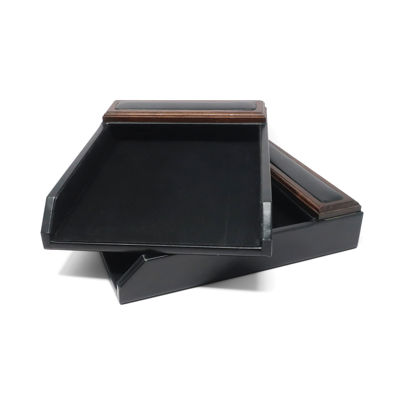 Pair of Mid-Century Modern Style Leather & Walnut Paper Tray: A pair of contemporary wood paper trays for desk organizing or saving papers and letters. Black leather exterior, walnut accents, and felt interiors. In excellent vintage condition. 10.5" x 13.5" x 3"